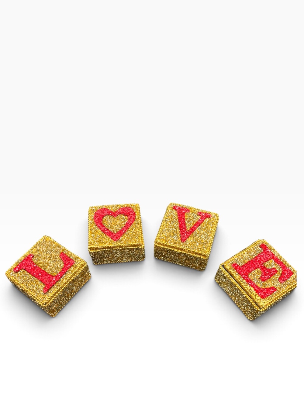 Set of 4 Hand-Beaded LOVE Trinket Boxes Gold Red Valentine Wedding Decor